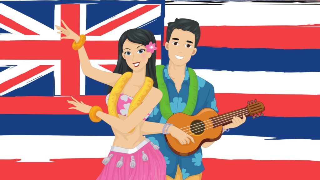 Native Hawaiian man and woman with Hawaii state flag